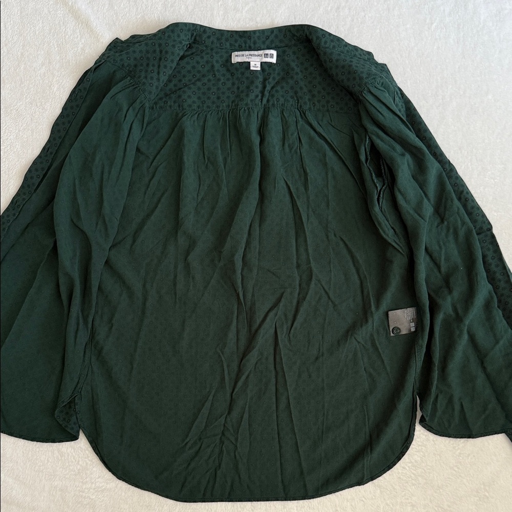 Ines de la Fressange x Uniqlo | Floral Print Covered Button Top Blouse Green M - Picture 7 of 15